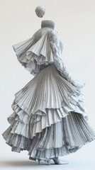 A detailed 3D model of a pleated skirt and high-neck dress, with realistic fabric textures and beautifully draped pleats, captured against a neutral white background.