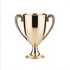 A golden trophy cup with ornate handles and a polished base Isolated on white background