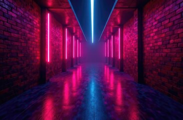 Empty hallway background with brick walls and neon light. Brick walls, neon beams and glow