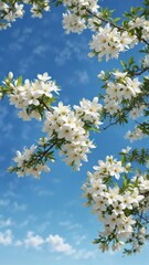 Obraz premium beautiful branches of blooming jasmine flowers against a clear blue sky, natural beauty, blooming plants