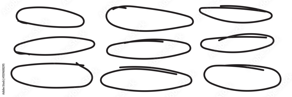 Poster hand drawn ellipse frames set. collection of oval borders in doodle style. pencil drawing circle bor