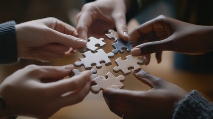 A close-up of hands connecting puzzle pieces in a cooperative effort, highlighting unity and strategic thinking