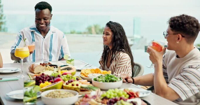 Party, food and summer with friends and lunch on patio for vacation, bonding and reunion. Community, diversity and celebration with group of people and outdoors for fruits, nutrition or brunch