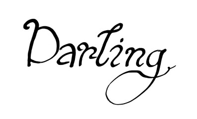 The word Darling in black on a white background. Calligraphy. Round shape. Italic font. Lettering. A love card. Valentine's Day.