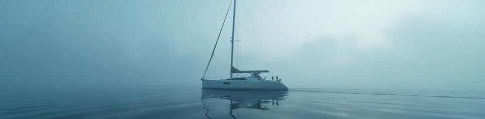 Fototapeta premium A sleek yacht floats motionless amidst the thick fog, its rigging swaying gently, misty, rigging