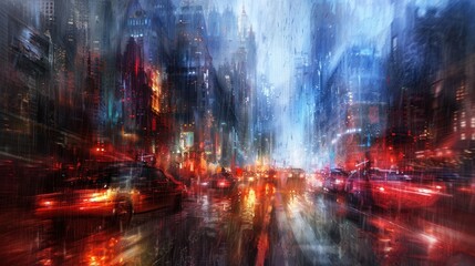 Fototapeta premium Futuristic city street at night, rain, red and blue lights, blurred motion.