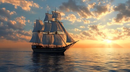 Vintage sailing ship at sunset. Concept of adventure, exploration, and maritime history.