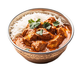 Fototapeta premium Chicken tikka masala with rice, isolated against a white background