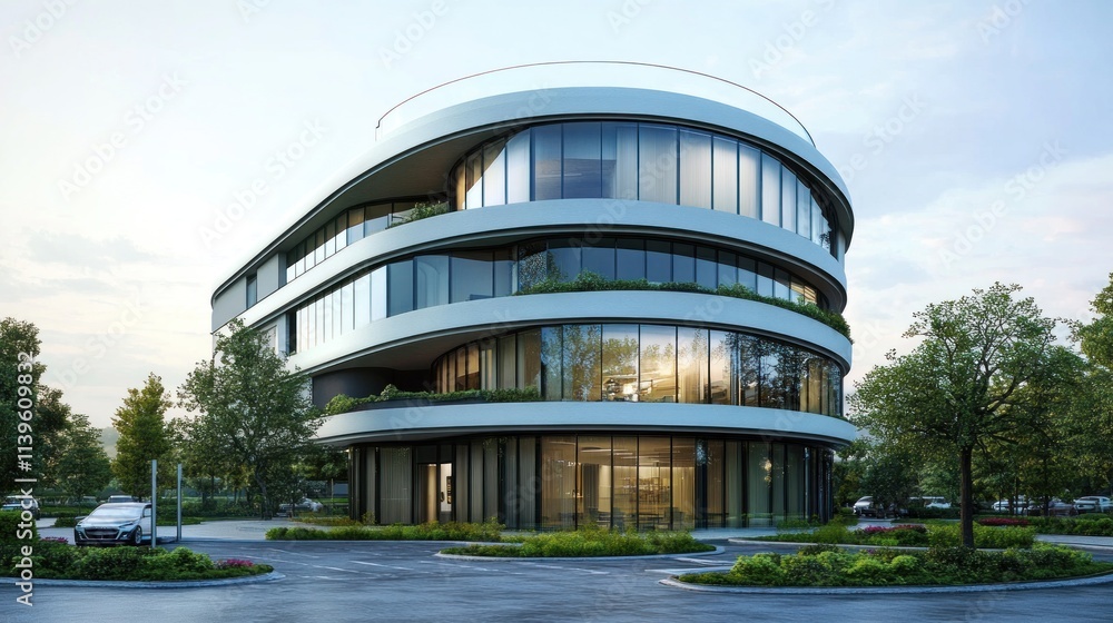 Aufkleber Modern architectural building with curved design and large windows, surrounded by greenery.