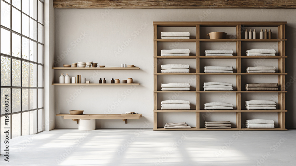 Poster modern workspace with wooden shelves displaying neatly arranged towels and pottery, creating serene 