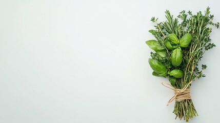 Obraz premium A fresh bundle of basil and thyme herbs tied with twine, set against a light background, perfect for cooking and enhancing flavors.