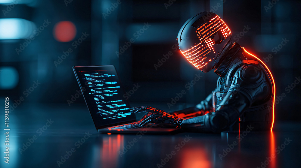 Aufkleber futuristic robot with glowing head is working on laptop, surrounded by high tech environment. scene 