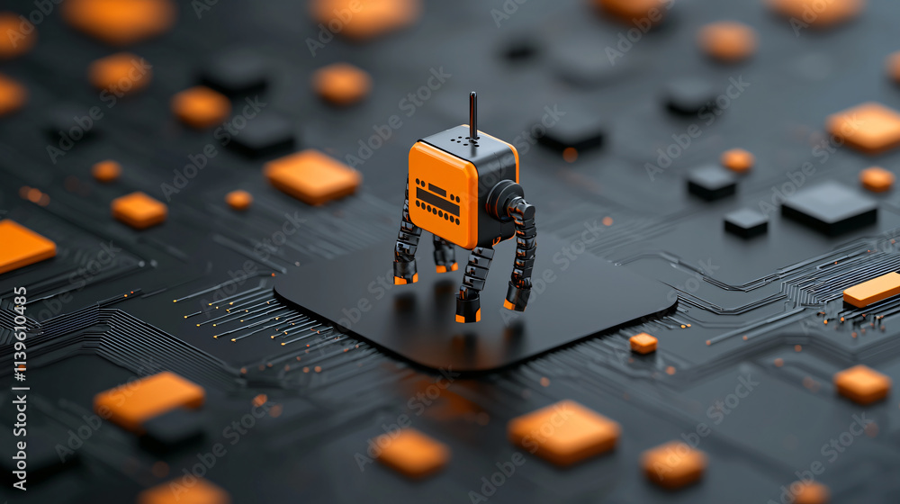 Aufkleber futuristic robot with orange accents stands on circuit board, surrounded by geometric shapes. design