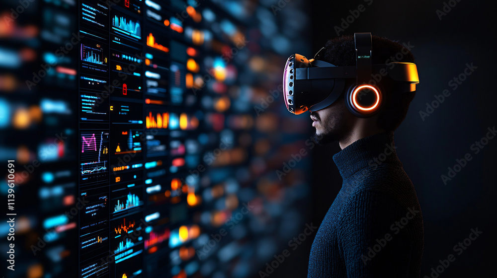 Poster immersive virtual reality experience with man wearing vr headset, surrounded by data visualizations 