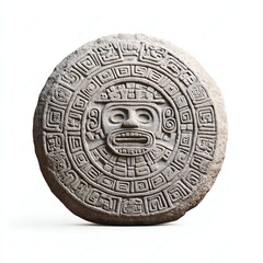 An ancient stone artifact featuring intricate carvings, possibly representing a deity or symbol from a historical civilization.