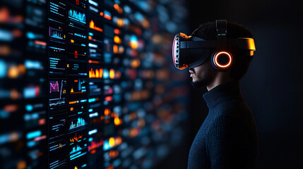 Immersive virtual reality experience with man wearing VR headset, surrounded by data visualizations and digital interfaces. scene conveys sense of advanced technology and innovation