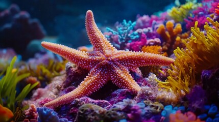 Vibrant starfish on colorful coral reef.