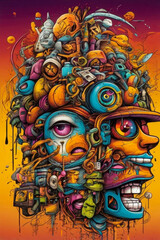 Fototapeta premium Complex and rich composition in graffiti style, combining bright colors, diverse images and elements of urban culture. Street art, contemporary artwork.