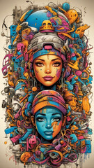 Obraz premium Complex and rich composition in graffiti style, combining bright colors, diverse images and elements of urban culture. Street art, contemporary artwork.