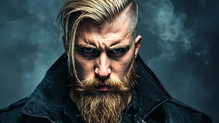 Man with striking features and a dramatic expression stands against a smoky background