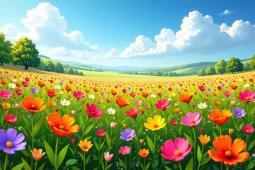A field of colorful wild flowers stretching to the horizon, meadow, blooms