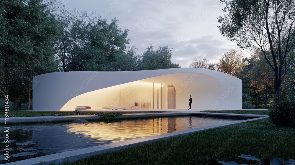 Poster Modern architectural design featuring a sleek structure by a reflective water feature.