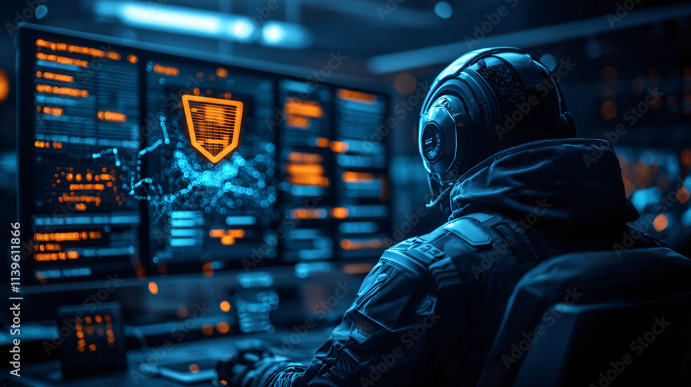 Aufkleber high resolution image of futuristic hacker working at computer, surrounded by glowing screens displaying data and security graphics. atmosphere is intense and tech focused