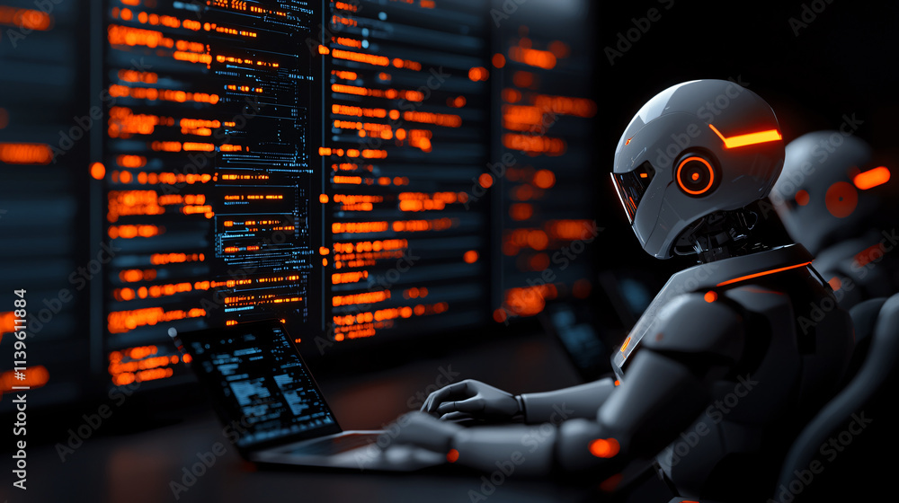 Poster futuristic robot working on laptop in high tech environment, surrounded by glowing screens filled with data. scene conveys sense of advanced technology and innovation