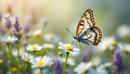 Colorful butterflies fluttering over a vibrant field of daisies and lavender, with warm sunlight illuminating the scene under a clear blue sky, creating a peaceful spring atmosphere.