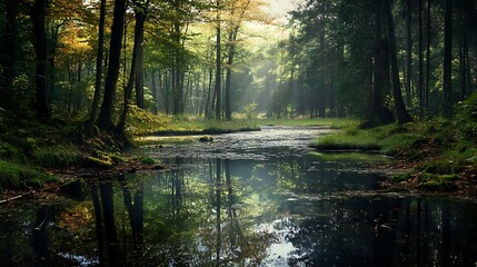 Fototapeta premium Misty Forest Creek. Tranquil Nature Scene.