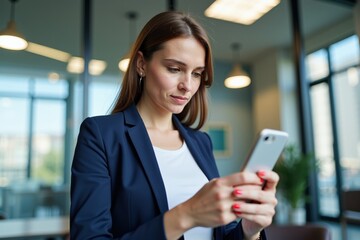 Professional Woman in Blue Blazer Using Smartphone in Modern Office Setting, Ideal for Business and Technology Concepts
