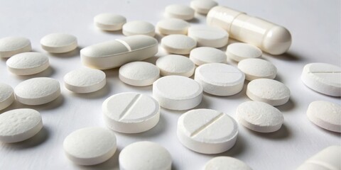 A close-up view of various white pills and capsules scattered on a white surface