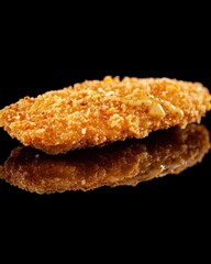 Crispy Breaded Chicken Breast Fillet with Golden Sauce, Close-up Studio Shot Against Black Background