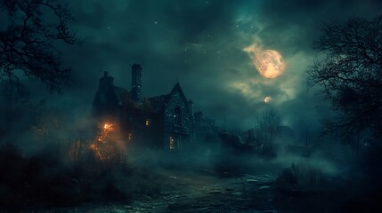 Haunted Mansion at Night. Concept of mystery, fear, and Halloween.