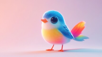 Obraz premium Adorable, colorful, fluffy 3D bird with vibrant plumage, standing against a soft, pastel background.