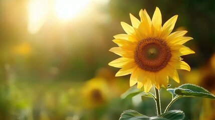 A close-up view of a sunflower in full bloom, surrounded by a blurred background of a vast sunflower field,