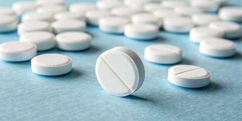Close-up view of numerous white tablets scattered on a light blue surface, one pill in sharp focus