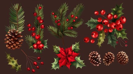 Set of Decorative Christmas Elements with Holly, Pine Cones, and Red Berries. Generative AI