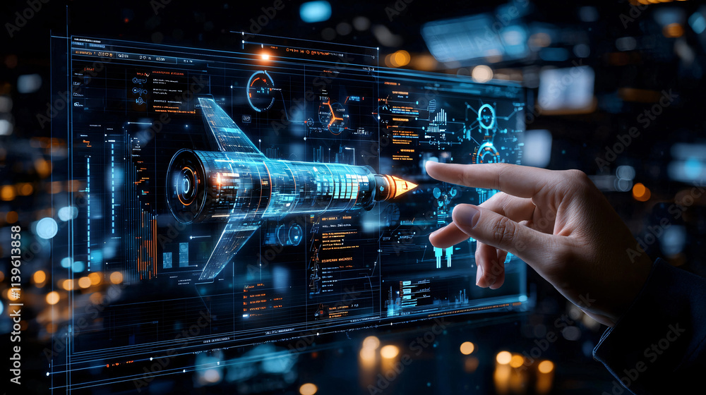 Fototapete futuristic interface displaying rocket design with data analysis, showcasing advanced technology and innovation. hand interacts with holographic display, emphasizing user engagement