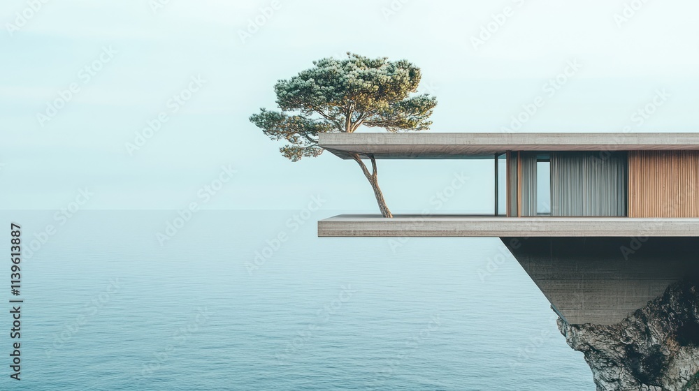 Poster Modern cliffside architecture featuring a tree overlooking serene waters.