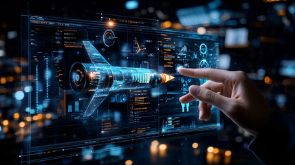 futuristic interface displaying rocket design with data analysis, showcasing advanced technology and innovation. hand interacts with holographic display, emphasizing user engagement