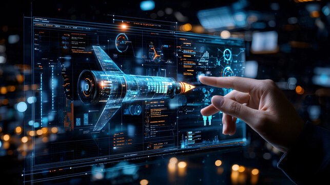 futuristic interface displaying rocket design with data analysis, showcasing advanced technology and innovation. hand interacts with holographic display, emphasizing user engagement - Powered by Adobe