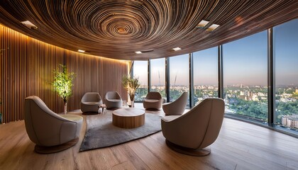 A modern lounge area with wooden walls, circular lights, multiple chairs and a city view