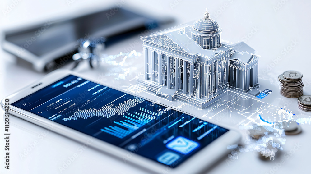 Leinwandbilder digital financial literacy program displayed on smartphone, featuring 3d model of bank building and 