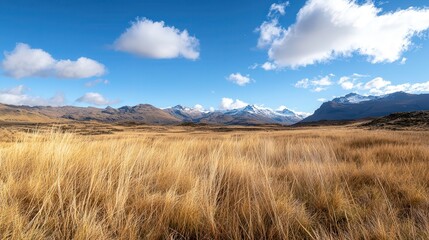 A picturesque scene of golden wild grass in the foreground, contrasted with a bright and clear blue sky,