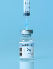 HPV Vaccine in a bottle with a syringe on a blue background. Experimental HPV vaccine vial for...