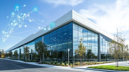 Obraz premium Modern glass building with digital network overlay, showcasing innovation and technology.