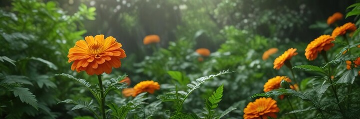 Vibrant orange marigold flower against a backdrop of lush green leaves, marigold, green leaves, autumn foliage