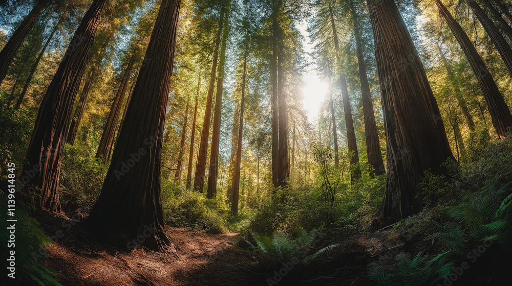 Poster panoramic view of a serene forest with sunlight filtering through tall trees, creating vibrant light