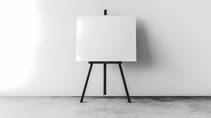 Minimalist Blank Canvas on Black Wooden Easel Against Clean White Wall for Artistic Presentations and Creative Design Concepts